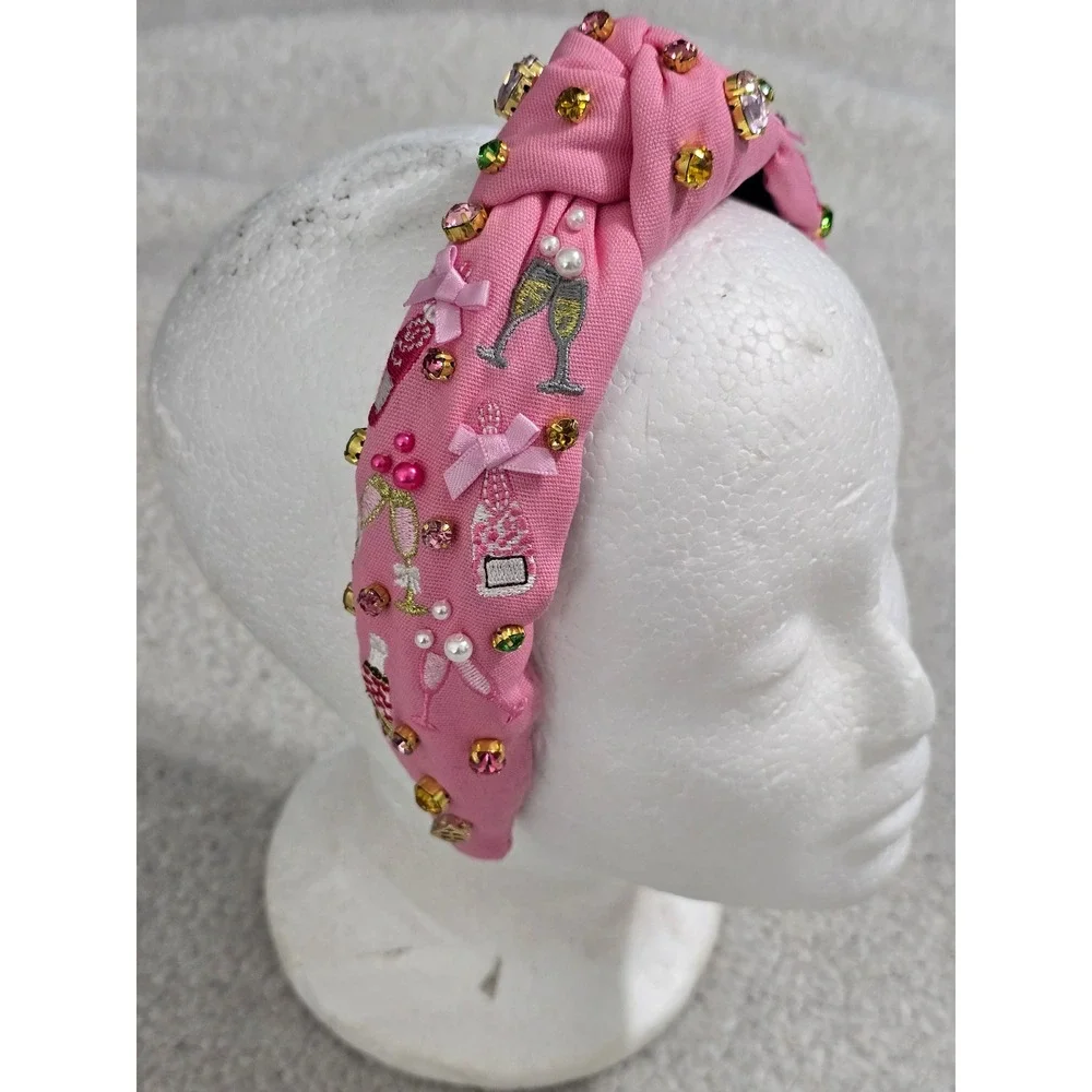 Brianna Cannon Pink Champagne Party Headband Crystals Pearls Embroidered Knotted